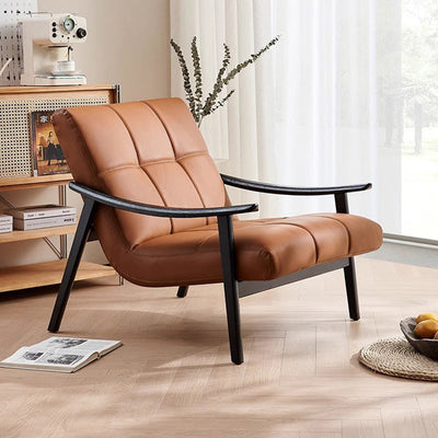 Contemporary Retro Rectangular Lattice Leather Wood Bracket Accent Chair Backrest Arm For Living Room