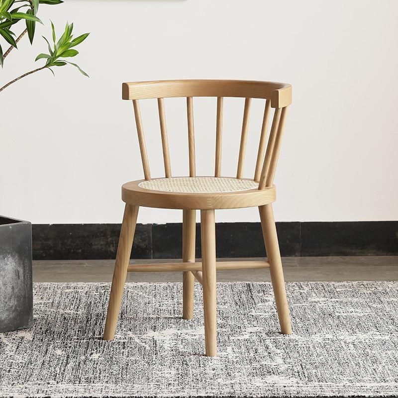 Traditional Japanese Round Wood Rattan Chair Backrest Armless For Living Room