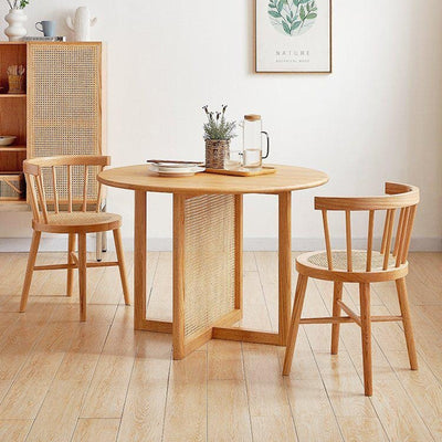 Traditional Japanese Round Wood Rattan Chair Backrest Armless For Living Room