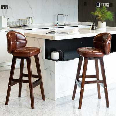 Contemporary Luxury Round Fabric Oil Wax Leather Rubber Wood Bar Stool Low Back Footrest For Dining Room