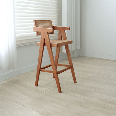 Contemporary Retro Square Wood Rattan Bar Stool Armrest Backrest For Dining Room