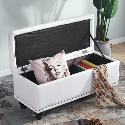 Contemporary Nordic Wood PU Leather Upholstered Rectangular Storage Bench For Living Room