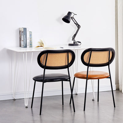 Contemporary Nordic Square Rattan Iron PU Leather Upholstered Dining Chair Backrest For Dining Room