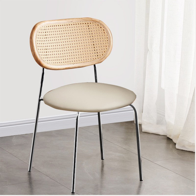 Contemporary Nordic Square Rattan Iron PU Leather Upholstered Dining Chair Backrest For Dining Room