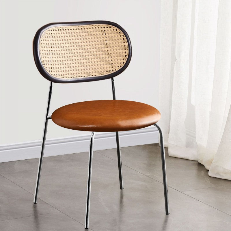 Contemporary Nordic Square Rattan Iron PU Leather Upholstered Dining Chair Backrest For Dining Room