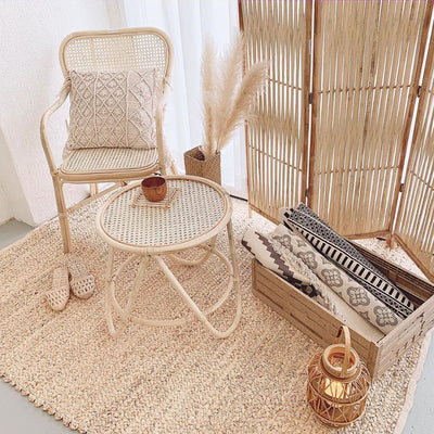 Contemporary Retro Square Woven Rattan Dining Chair Backrest Armrest For Dining Room