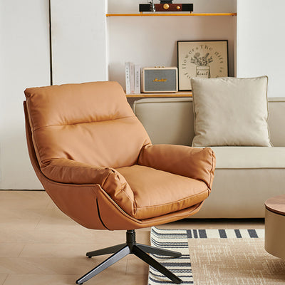 Chaise d'accent pivotante en cuir Nappa scandinave contemporain avec base à 4 étoiles, dossier et accoudoirs pour salon 