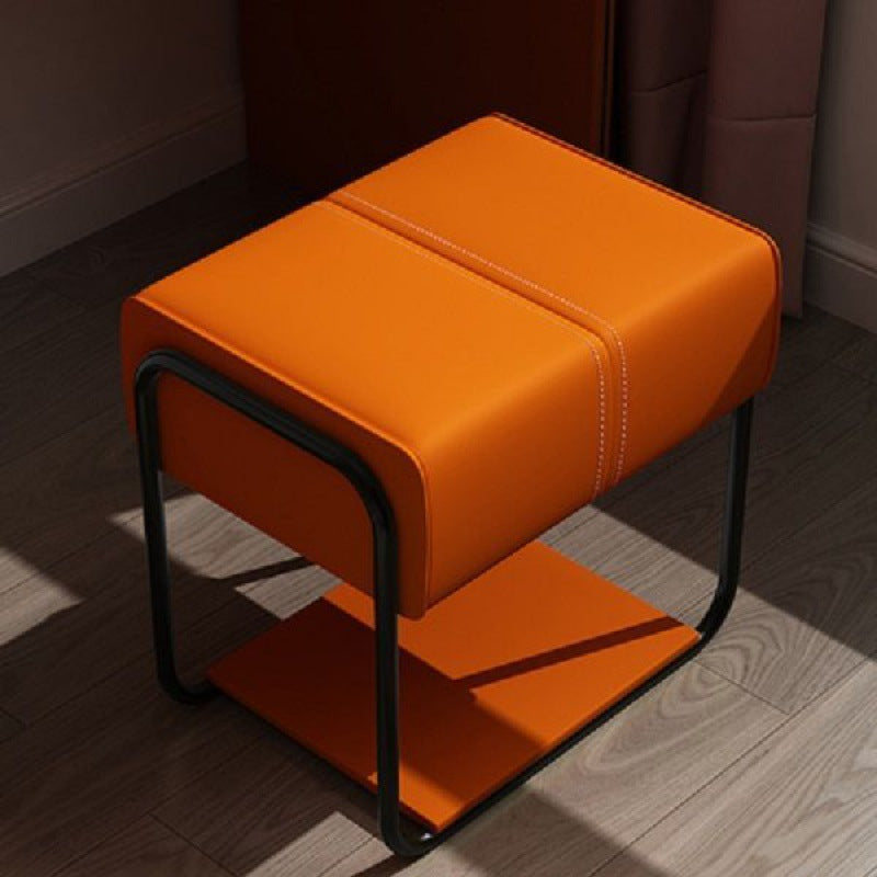 Contemporary Scandinavian Rectangular Square Leather Wood Vanity Stool For Bedroom