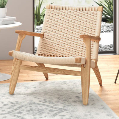 Traditional Japanese Rattan Square Wood Cowhide Rope Accent Chair Backrest Armrest For Living Room