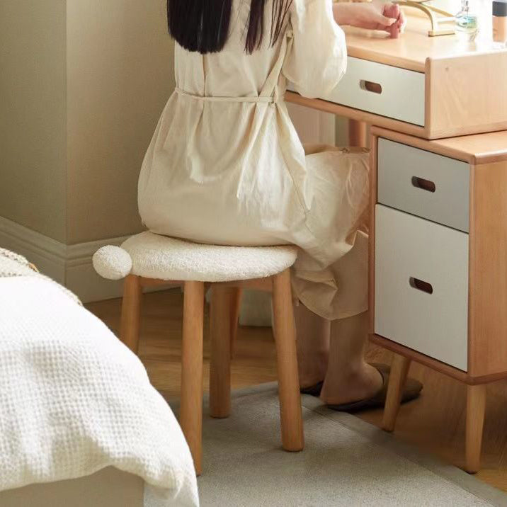 Contemporary Nordic Round Wood Lambswool Vanity Stool For Bedroom