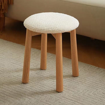 Contemporary Nordic Round Wood Lambswool Vanity Stool For Bedroom