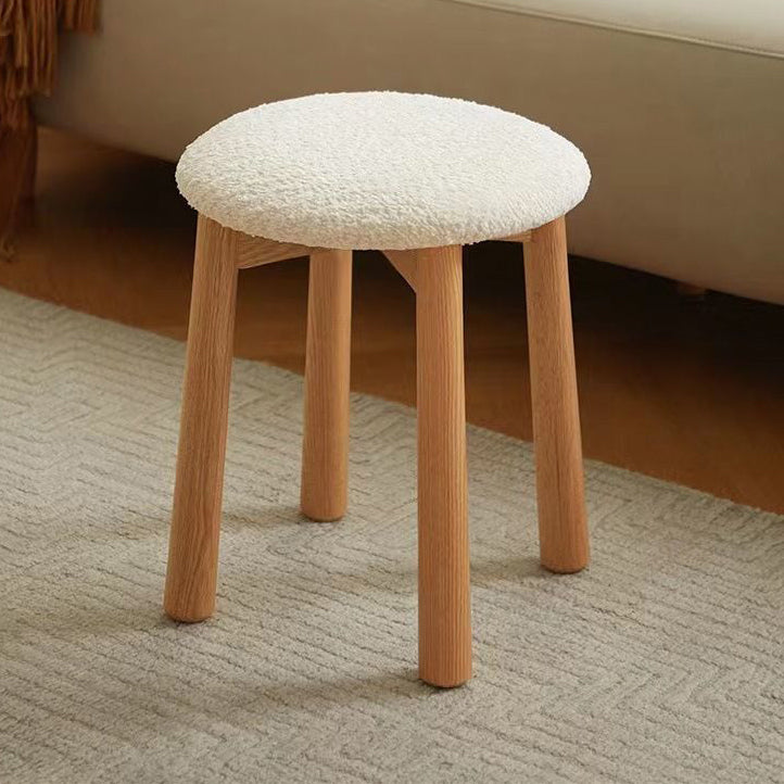 Contemporary Nordic Round Wood Lambswool Vanity Stool For Bedroom