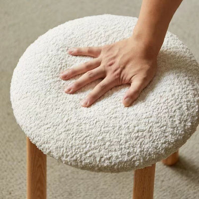 Contemporary Nordic Round Wood Lambswool Vanity Stool For Bedroom