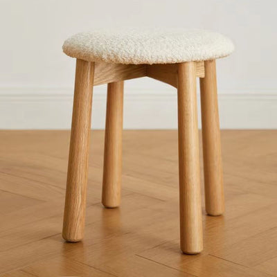 Contemporary Nordic Round Wood Lambswool Vanity Stool For Bedroom