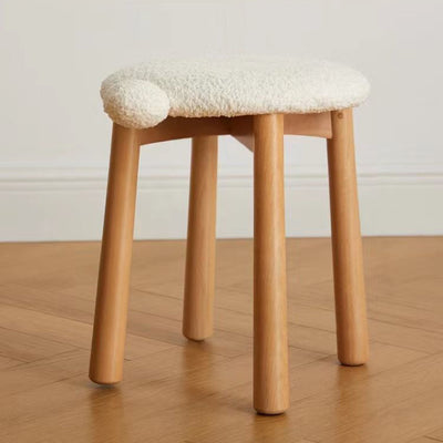 Contemporary Nordic Round Wood Lambswool Vanity Stool For Bedroom