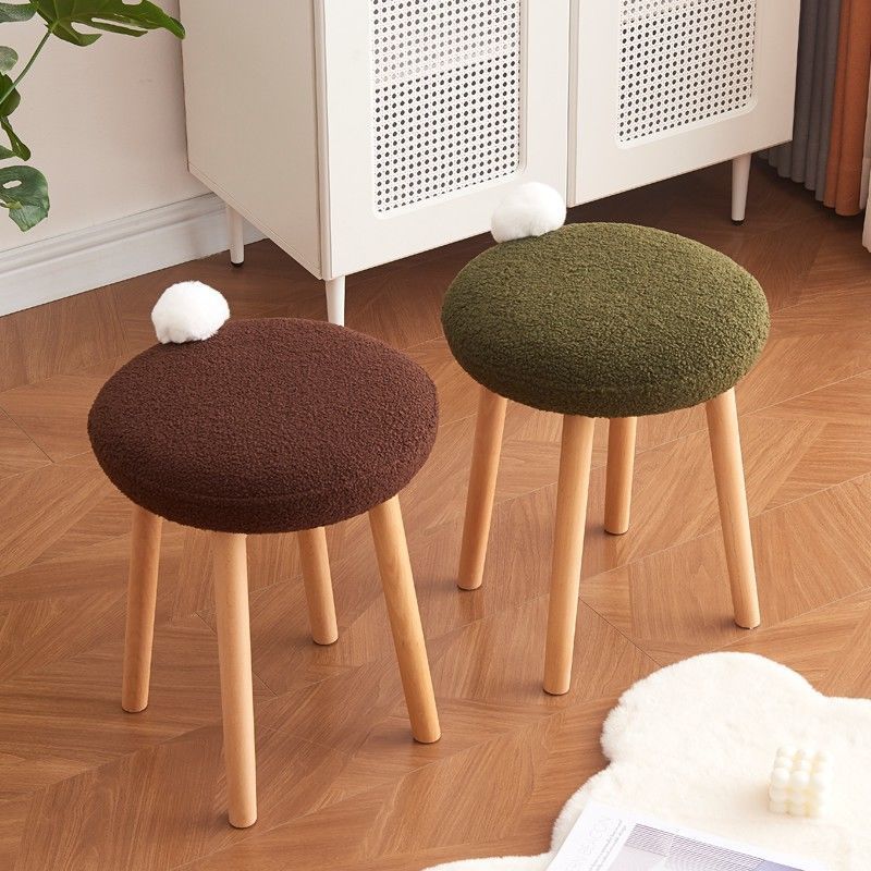 Contemporary Nordic Round Wood Lambswool Vanity Stool For Bedroom