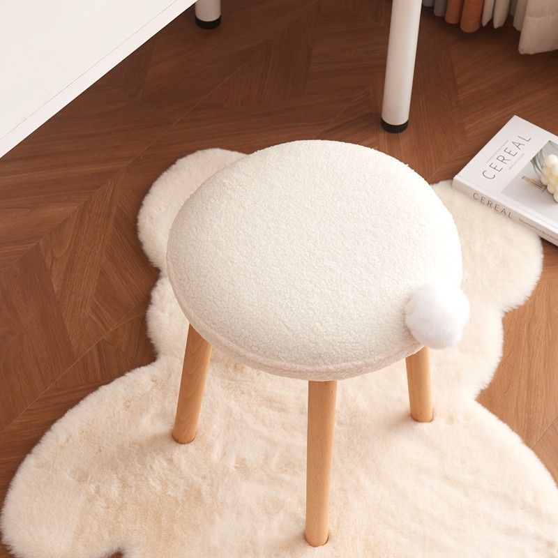 Contemporary Nordic Round Wood Lambswool Vanity Stool For Bedroom