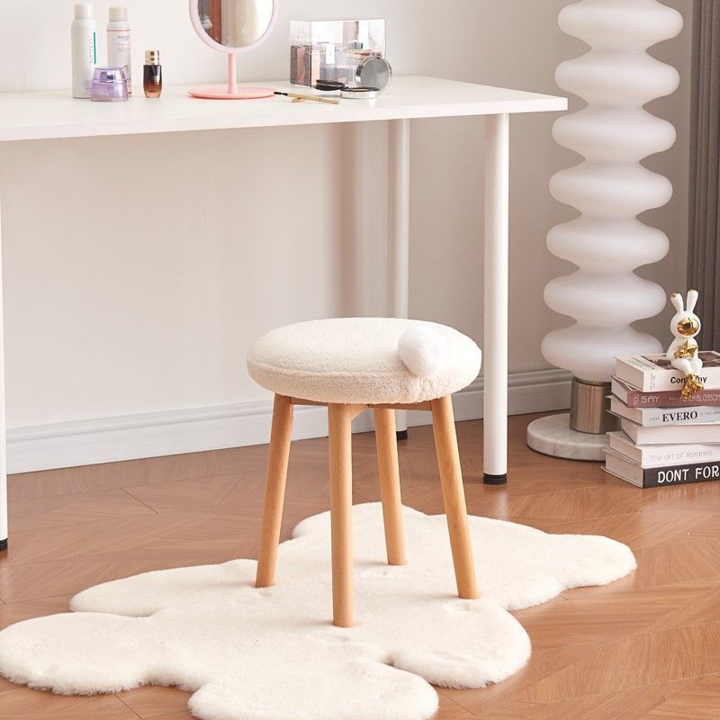 Contemporary Nordic Round Wood Lambswool Vanity Stool For Bedroom