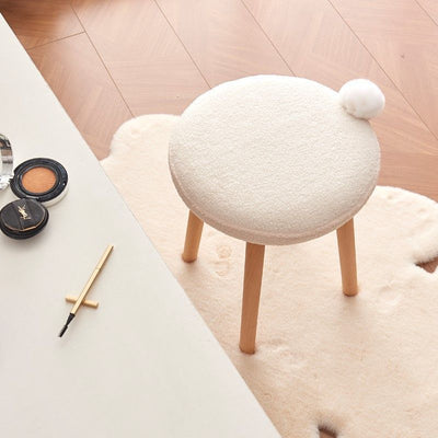 Contemporary Nordic Round Wood Lambswool Vanity Stool For Bedroom