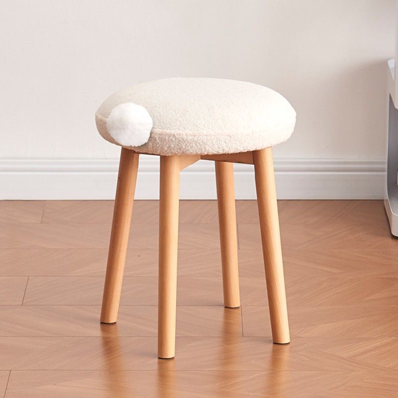 Contemporary Nordic Round Wood Lambswool Vanity Stool For Bedroom