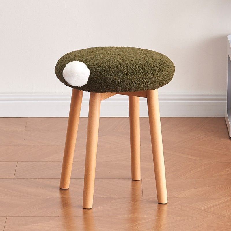 Contemporary Nordic Round Wood Lambswool Vanity Stool For Bedroom