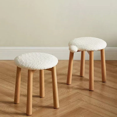 Contemporary Nordic Round Wood Lambswool Vanity Stool For Bedroom