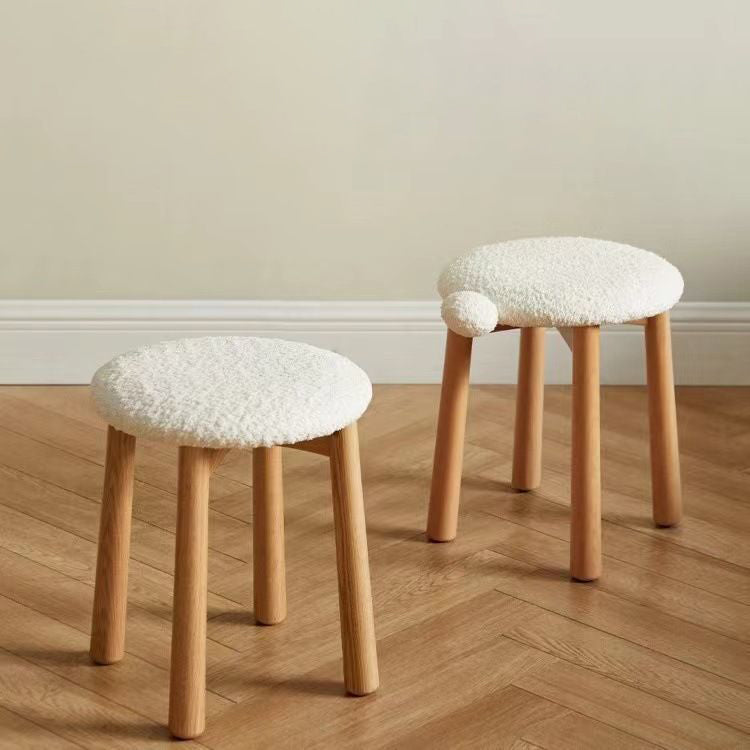 Contemporary Nordic Round Wood Lambswool Vanity Stool For Bedroom