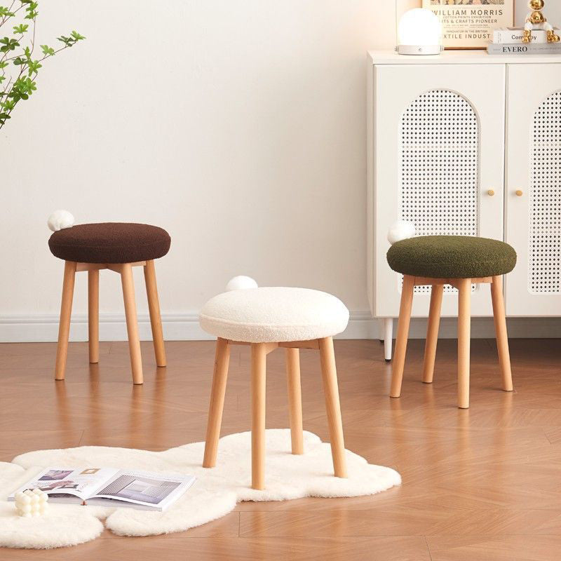 Contemporary Nordic Round Wood Lambswool Vanity Stool For Bedroom