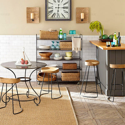 Modern Minimalist Oval Iron Wood Bar Stool For Dining Room