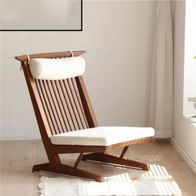 Traditional Japanese Rectangular Solid Wood Linen Accent Chair Backrest For Living Room