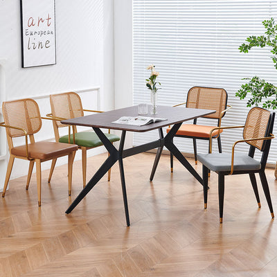 Modern Luxury Square Cutout Leather Bamboo Rattan Metal Dining Chair Backrest For Dining Room