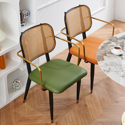 Modern Luxury Square Cutout Leather Bamboo Rattan Metal Dining Chair Backrest For Dining Room