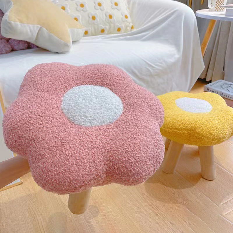 Contemporary Creative Wood Lambswool Cotton Flower Footstool Backless For Entryway