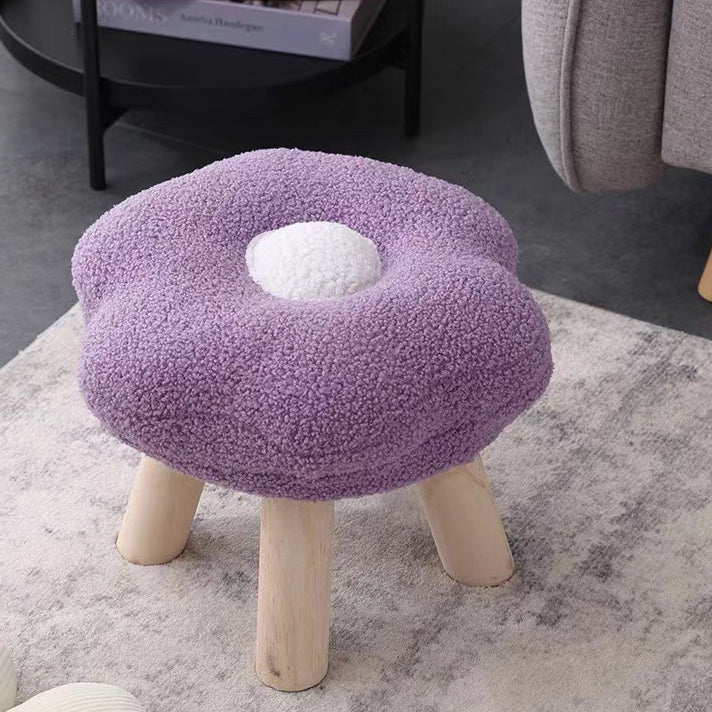 Contemporary Creative Wood Lambswool Cotton Flower Footstool Backless For Entryway