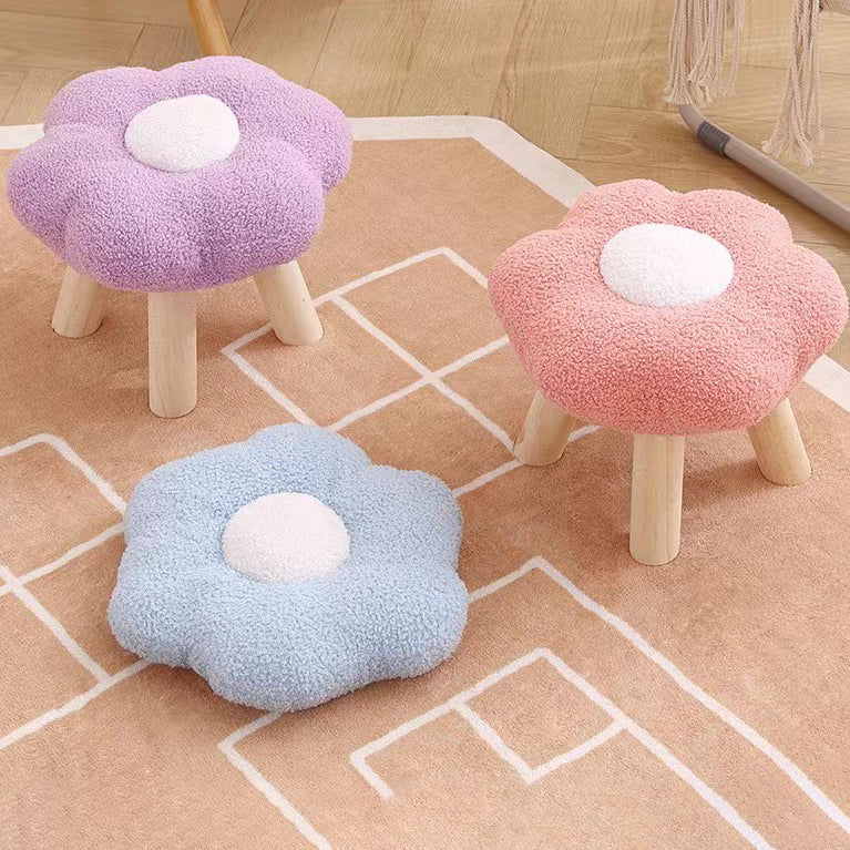 Contemporary Creative Wood Lambswool Cotton Flower Footstool Backless For Entryway