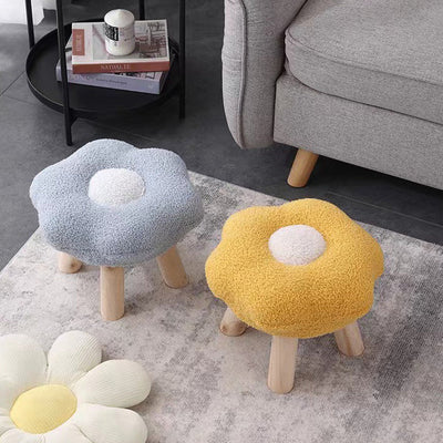 Contemporary Creative Wood Lambswool Cotton Flower Footstool Backless For Entryway