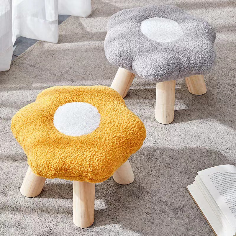 Contemporary Creative Wood Lambswool Cotton Flower Footstool Backless For Entryway