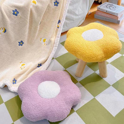 Contemporary Creative Wood Lambswool Cotton Flower Footstool Backless For Entryway