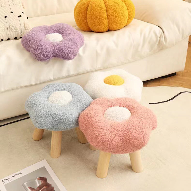 Contemporary Creative Wood Lambswool Cotton Flower Footstool Backless For Entryway