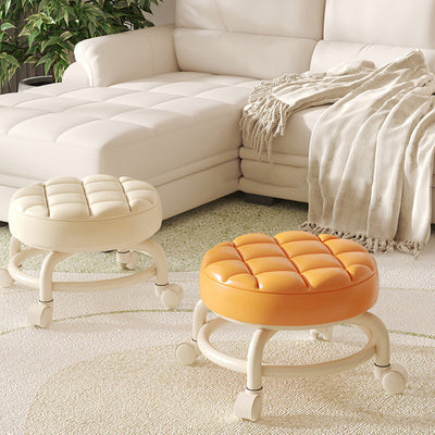 Modern Simplicity Leather Wood Metal Sponge Round Checkered Low Stool Backrest Movable For Living Room