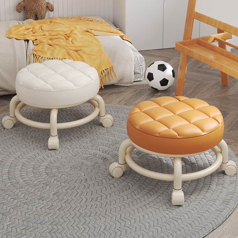 Modern Simplicity Leather Wood Metal Sponge Round Checkered Low Stool Backrest Movable For Living Room