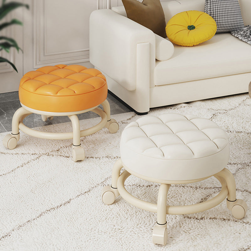 Modern Simplicity Leather Wood Metal Sponge Round Checkered Low Stool Backrest Movable For Living Room