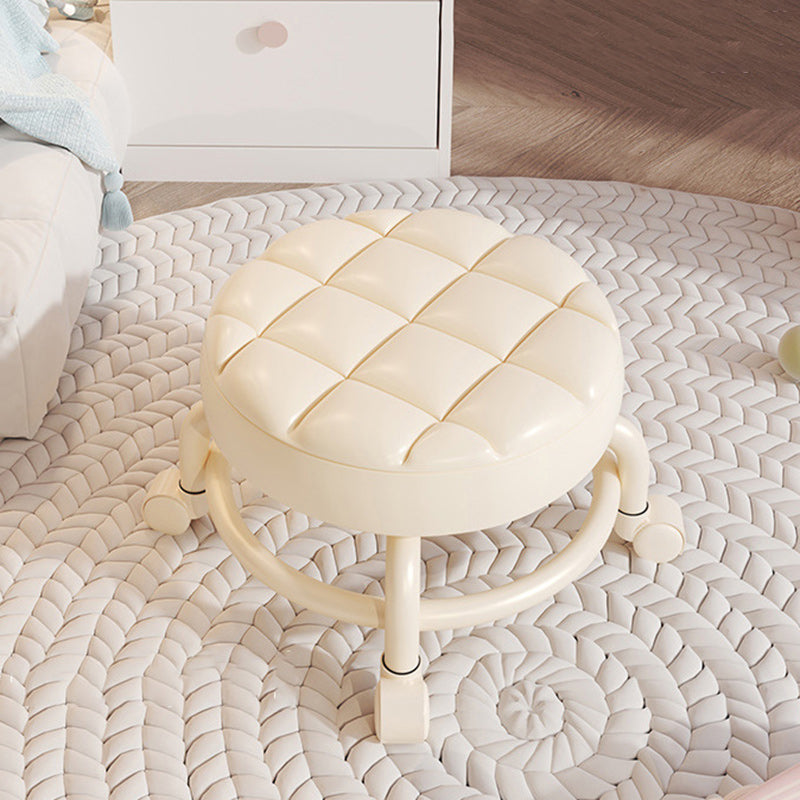 Modern Simplicity Leather Wood Metal Sponge Round Checkered Low Stool Backrest Movable For Living Room