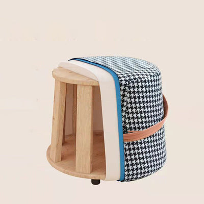 Contemporary Nordic Linen Fabric Wood Sponge Round Cylinder Footstool Portable For Entryways