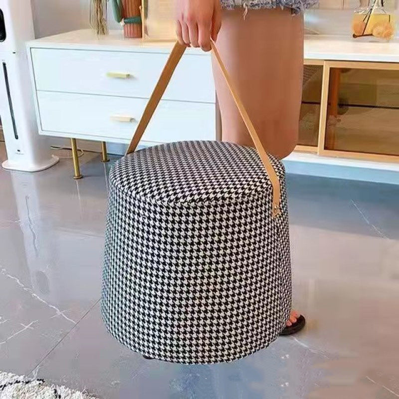 Contemporary Nordic Linen Fabric Wood Sponge Round Cylinder Footstool Portable For Entryways