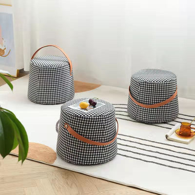 Contemporary Nordic Linen Fabric Wood Sponge Round Cylinder Footstool Portable For Entryways