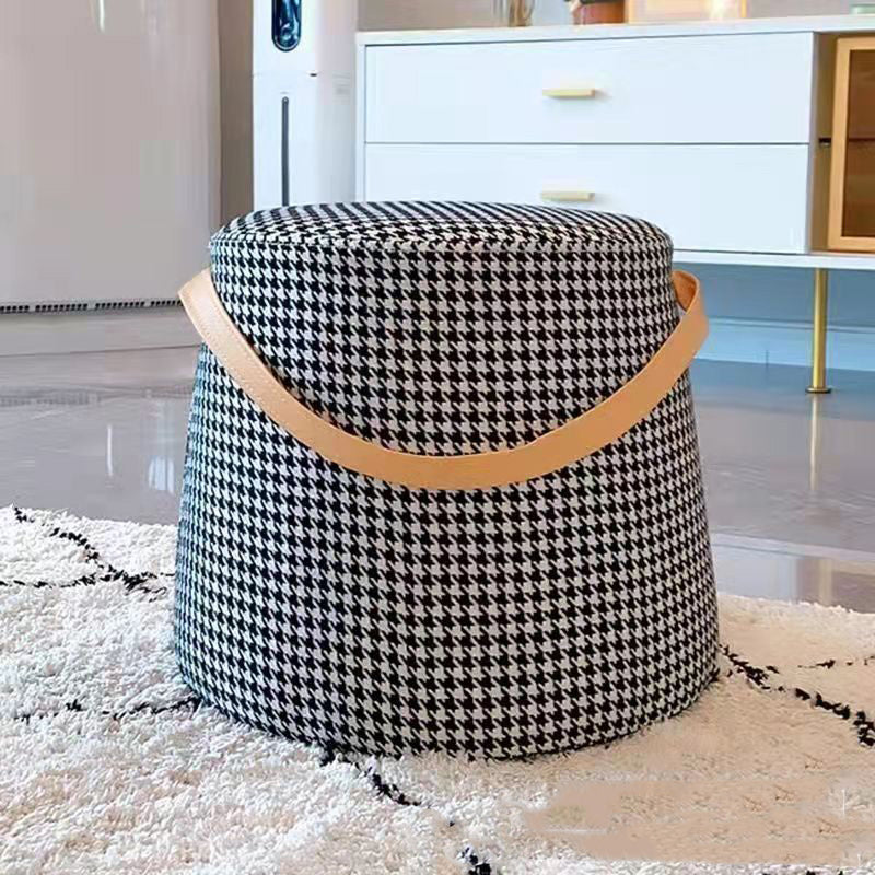 Contemporary Nordic Linen Fabric Wood Sponge Round Cylinder Footstool Portable For Entryways