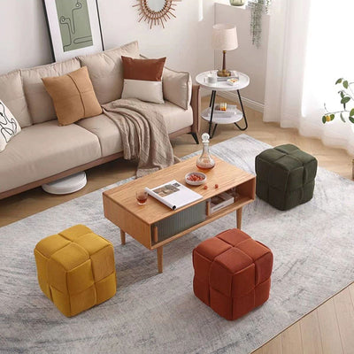 Contemporary Scandinavian Corduroy Wood Sponge Cube Rectangular Low Stool For Living Room