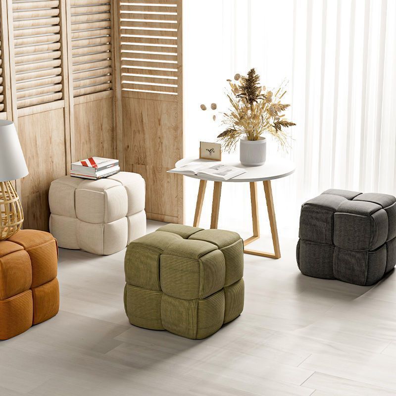 Contemporary Scandinavian Corduroy Wood Sponge Cube Rectangular Low Stool For Living Room