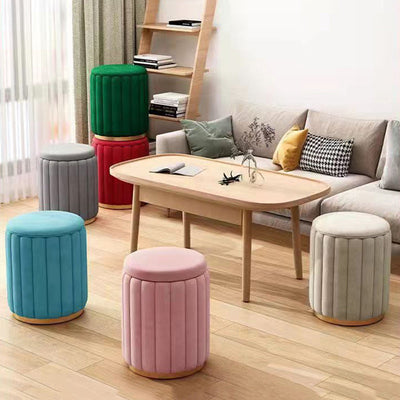 Contemporary Scandinavian Velvet Wood Stainless Steel Sponge Round Vanity Stool Containable For Bedroom